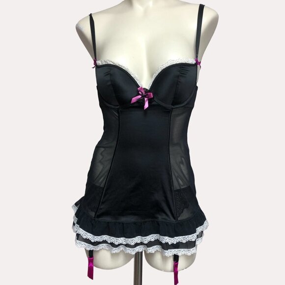 La Senza Beyond Cleavage Black & Pink Satin And Mesh Babydoll Size XS - Picture 1 of 9
